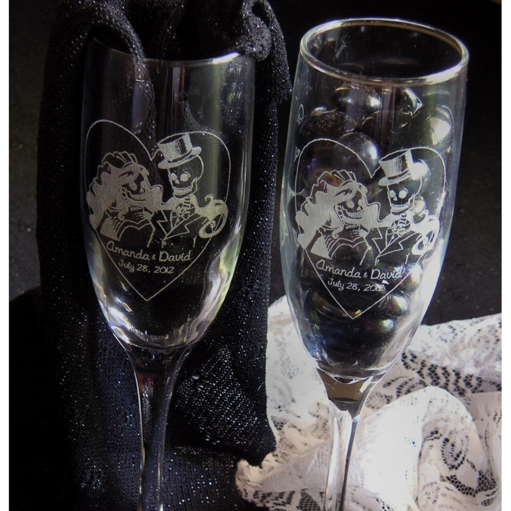 Skeleton Bride & Groom Toasting Wedding Champagne Glass Flutes (Pair) - Wedding Collectibles