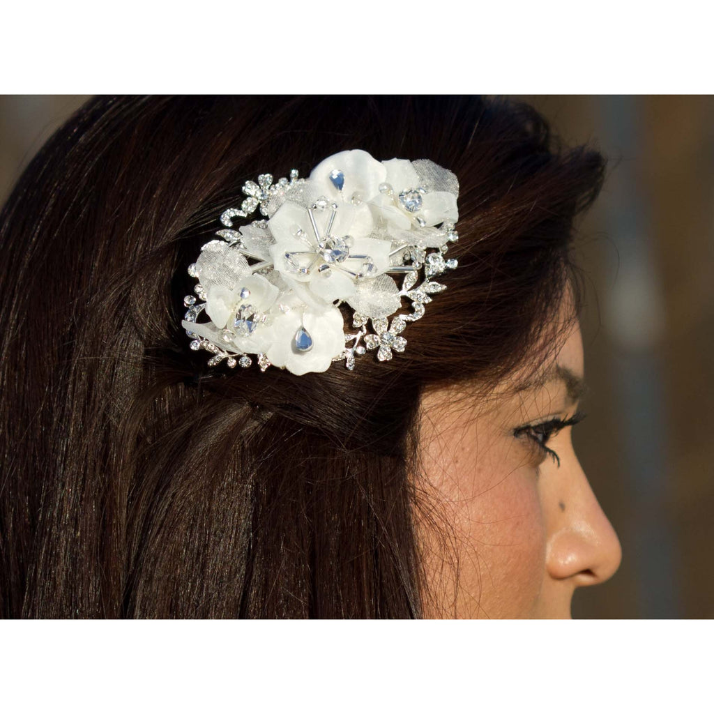 Sweet Chiffon and Crystals Flower Comb - Wedding Collectibles