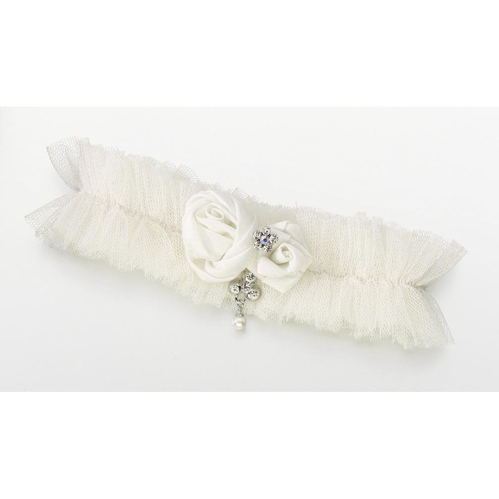Tulle Garter w/Jewel-Ivory - Wedding Collectibles
