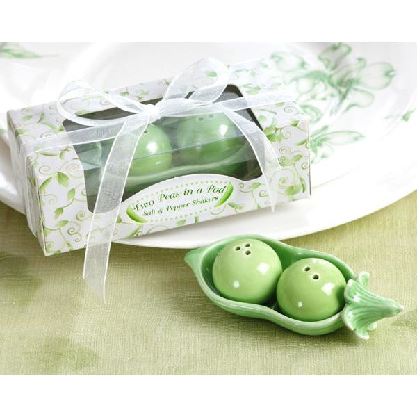 Two Peas in a Pod - Ceramic Salt & Pepper Shakers in Ivy Print Gift Box - Wedding Collectibles
