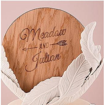 White Feather Porcelain Wedding Cake Topper With Personalized Veneer Disc In Free Spirit Design - Wedding Collectibles