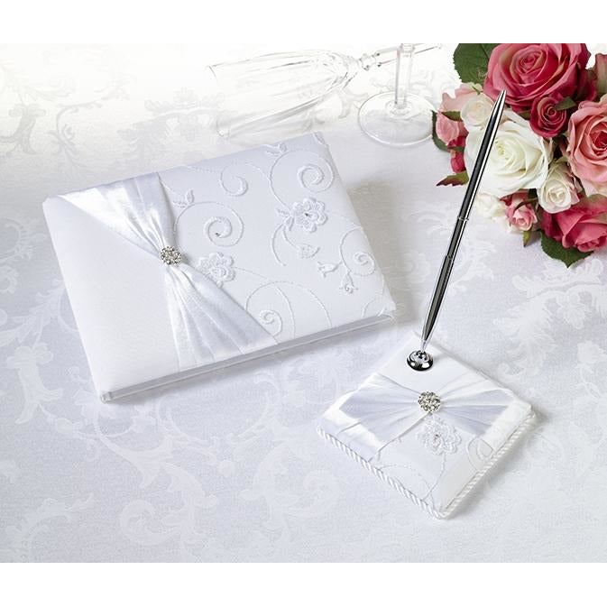White Lace Guestbook & Pen Set - Wedding Collectibles