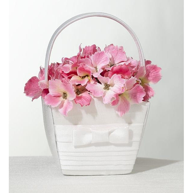 White Pleated Silk Flower Basket - Wedding Collectibles