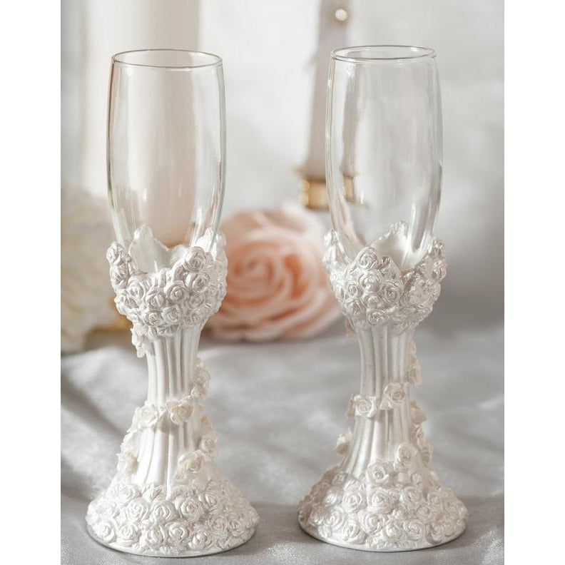 White Rose Column Wedding Toasting Glasses - Wedding Collectibles