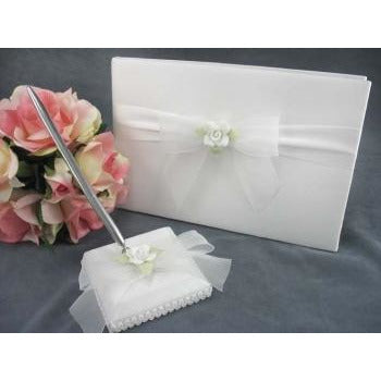 White Rose Wedding Guestbook and Pen Set - Wedding Collectibles