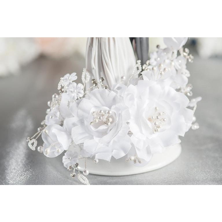 White Velvet Rose Wedding Cake Topper - Groom in Navy Suit - Wedding Collectibles
