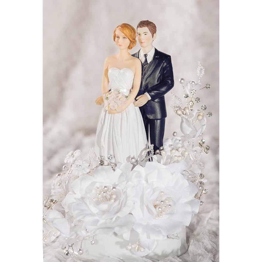 White Velvet Rose Wedding Cake Topper - Groom in Navy Suit - Wedding Collectibles