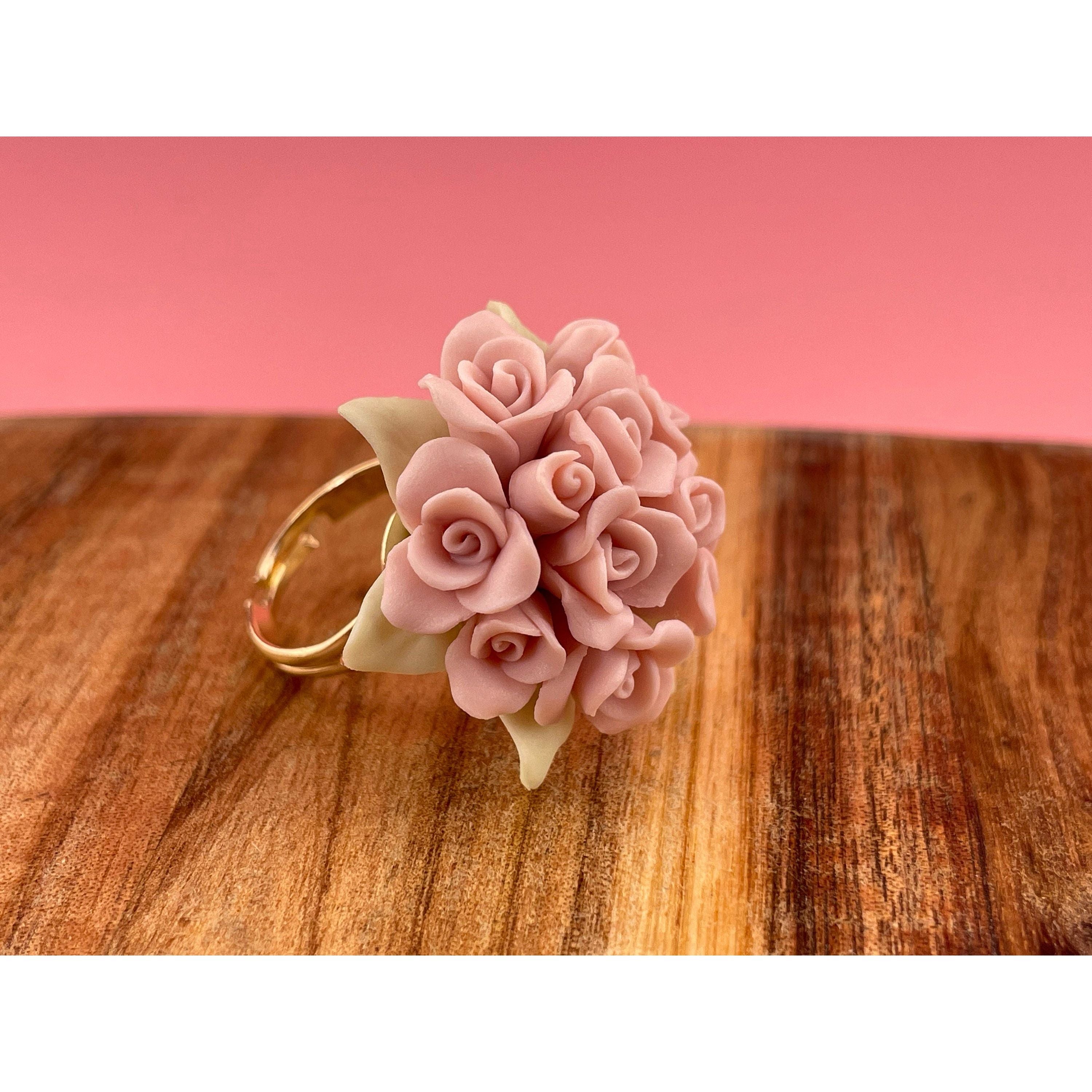 Pink Roses Ring, Statement Ring Porcelain Floral Ring, Bridesmaids gift plant jewelry, wedding miniature roses terrarium jewelry Cottagecore