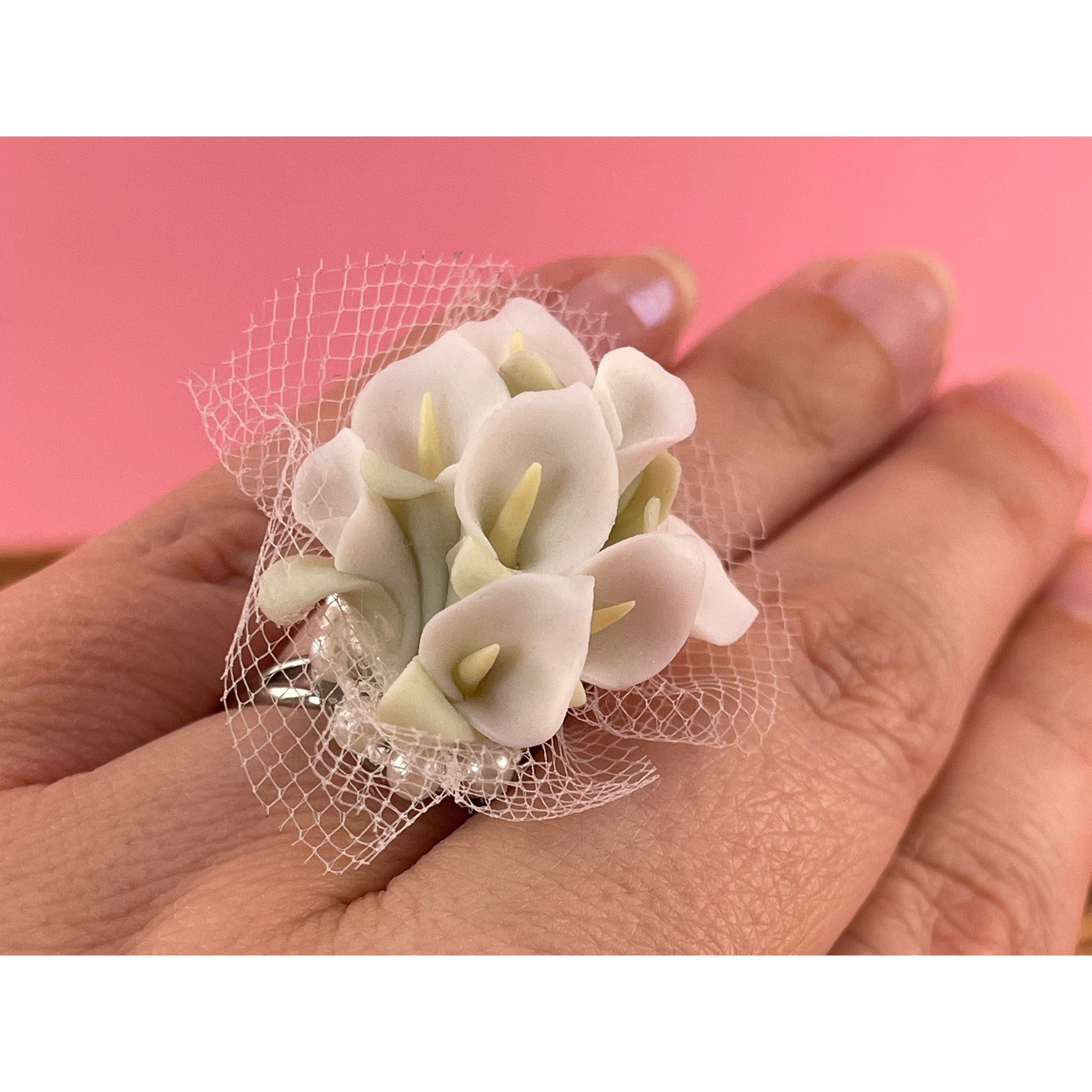 white lily jeweler Calla Lily Ring, Statement Ring Porcelain Floral Ring, plant jewelry, wedding bridesmaids gift, Calla lilies terrarium jewelry Cottagecore