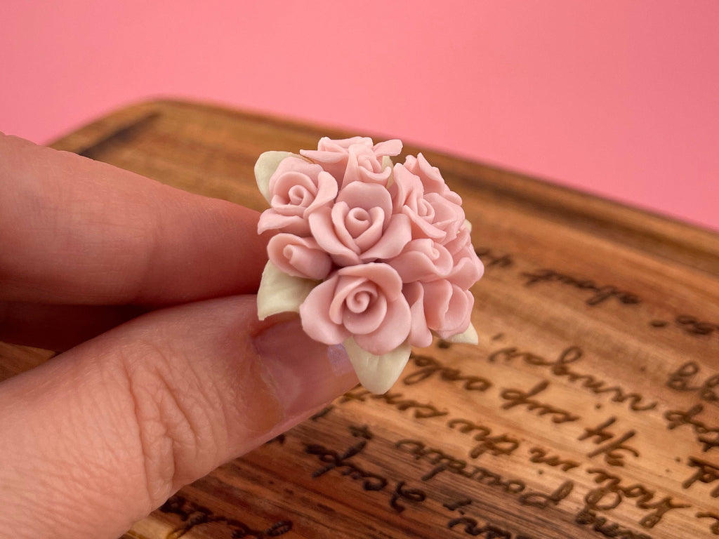 Pink Roses Ring, Statement Ring Porcelain Floral Ring, Bridesmaids gift plant jewelry, wedding miniature roses terrarium jewelry Cottagecore - Wedding Collectibles