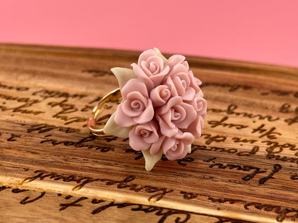 Pink Roses Ring, Statement Ring Porcelain Floral Ring, Bridesmaids gift plant jewelry, wedding miniature roses terrarium jewelry Cottagecore - Wedding Collectibles