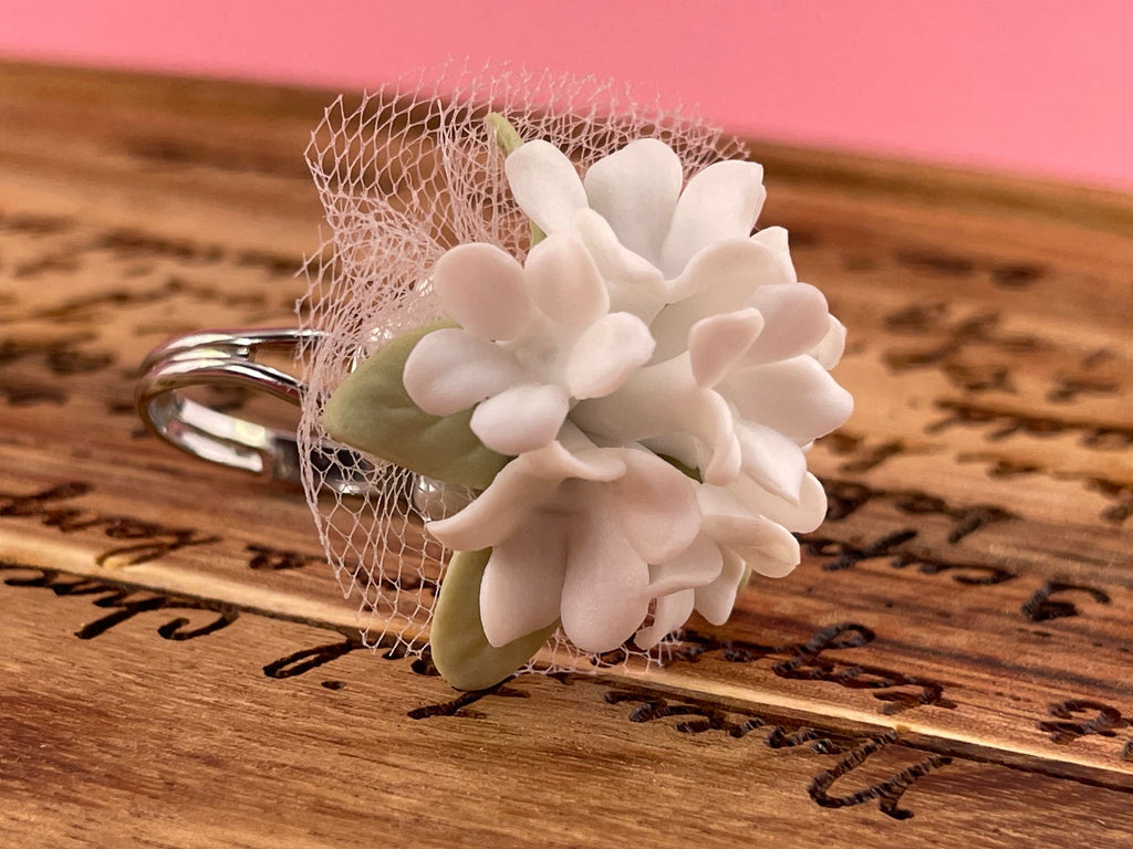 White Floral Ring, Statement Ring Porcelain Ring, Bridesmaids Gift, plant jewelry, wedding miniature flowers terrarium jewelry Cottagecore - Wedding Collectibles