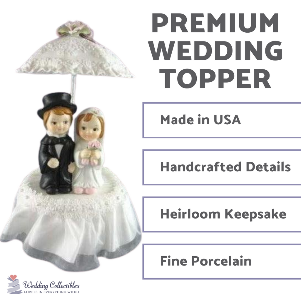 Rainy Day Child Couple Wedding Cake Topper with Porcelain Parasol Umbrella - Wedding Collectibles